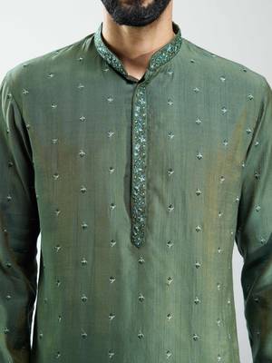 men mehendi green silk blend embroidered kurta set with cream pyjama  wedding & festive wear 2