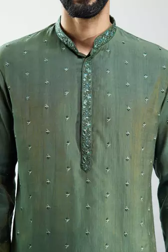 men mehendi green silk blend embroidered kurta set with cream pyjama  wedding & festive wear