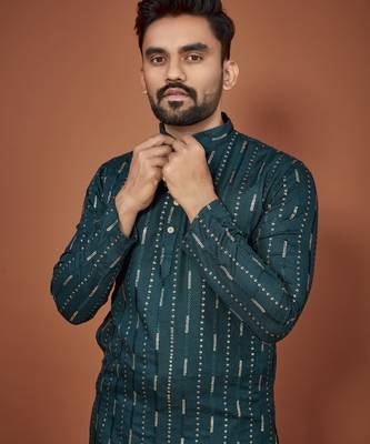Teal embroidered cotton straight kurta 1
