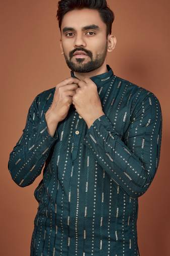 Teal embroidered cotton straight kurta