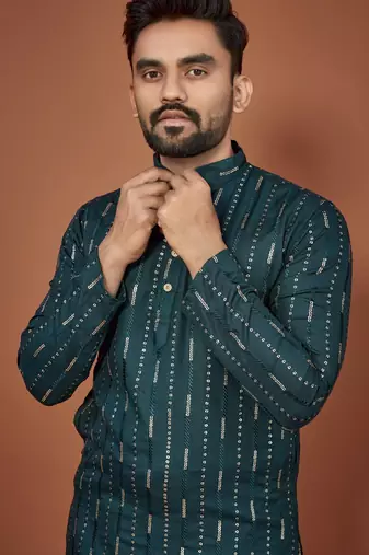Teal embroidered cotton straight kurta
