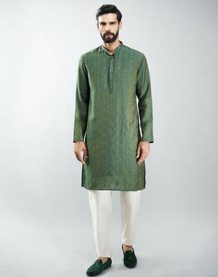 men mehendi green silk blend embroidered kurta set with cream pyjama  wedding & festive wear 3