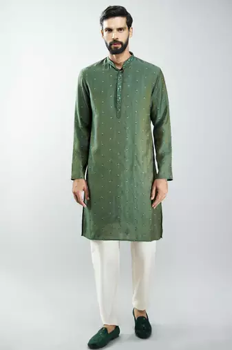 men mehendi green silk blend embroidered kurta set with cream pyjama  wedding & festive wear