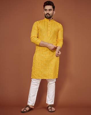 Yellow embroidered cotton straight kurta 1