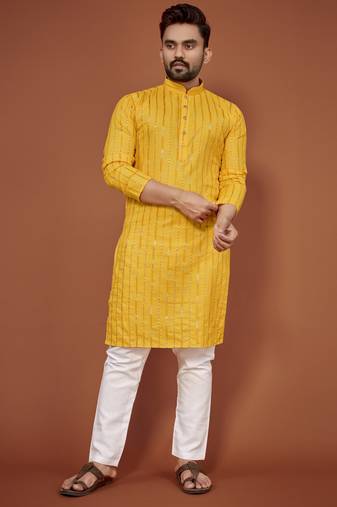 Yellow embroidered cotton straight kurta