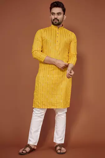 Yellow embroidered cotton straight kurta
