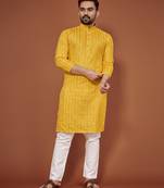 Yellow embroidered cotton straight kurta