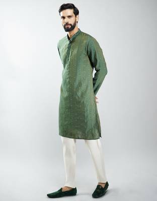 men mehendi green silk blend embroidered kurta set with cream pyjama  wedding & festive wear 4