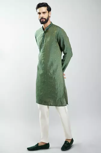 men mehendi green silk blend embroidered kurta set with cream pyjama  wedding & festive wear