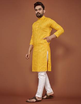 Yellow embroidered cotton straight kurta 2