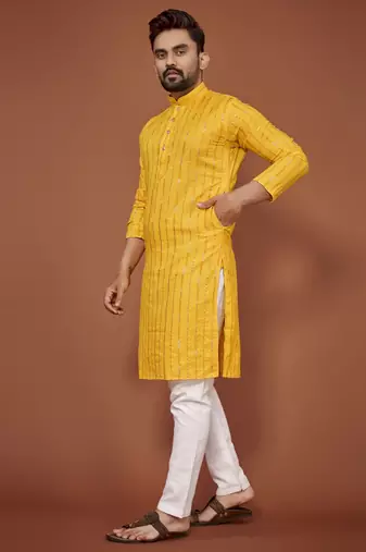 Yellow embroidered cotton straight kurta