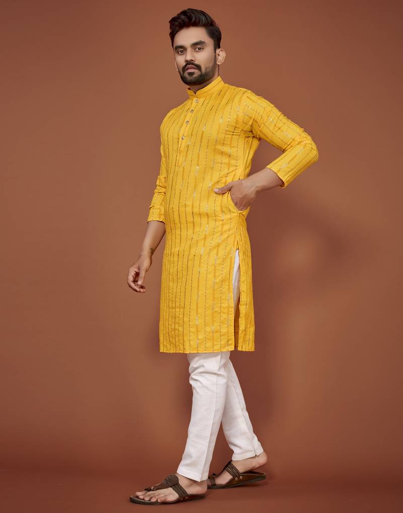 Yellow embroidered cotton straight kurta
