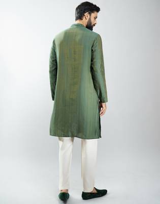 men mehendi green silk blend embroidered kurta set with cream pyjama  wedding & festive wear 5