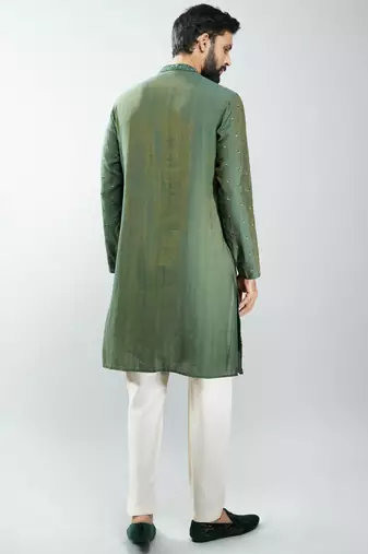 men mehendi green silk blend embroidered kurta set with cream pyjama  wedding & festive wear