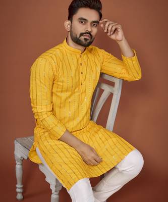 Yellow embroidered cotton straight kurta 3