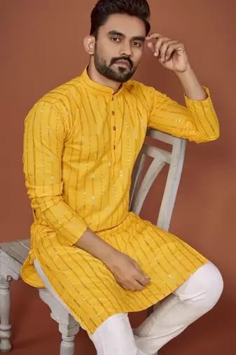 Yellow embroidered cotton straight kurta