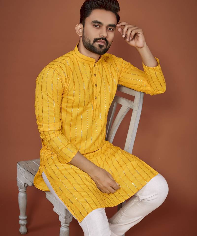Yellow embroidered cotton straight kurta