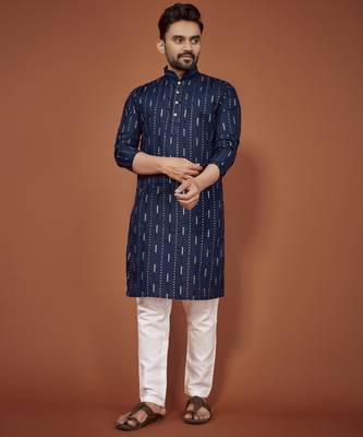 Navy blue embroidered cotton straight kurta 1