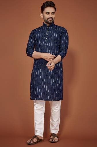 Navy blue embroidered cotton straight kurta