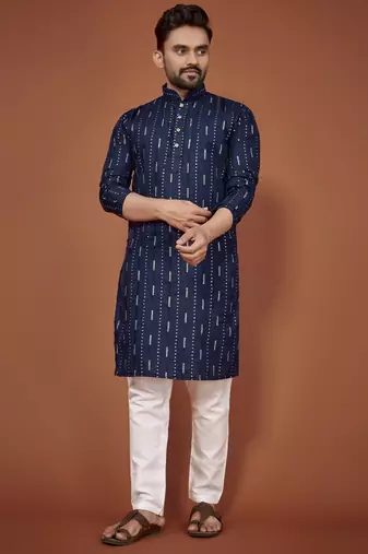 Navy blue embroidered cotton straight kurta