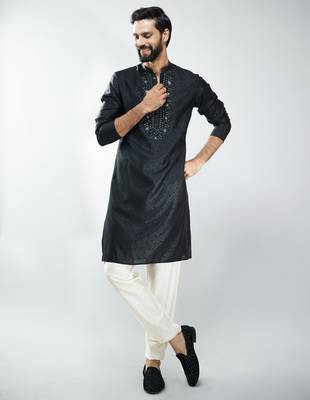 men silk blend embroidered kurta pyjama set with cream viscose pyjama  wedding & festive wear 1