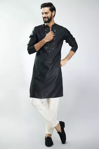 men silk blend embroidered kurta pyjama set with cream viscose pyjama  wedding & festive wear