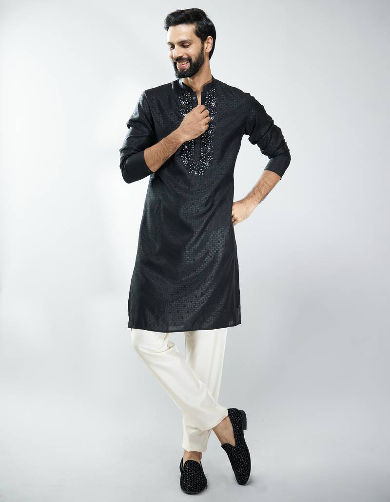 men silk blend embroidered kurta pyjama set with cream viscose pyjama  wedding & festive wear
