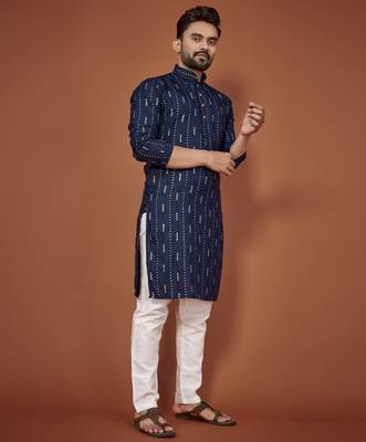 Navy blue embroidered cotton straight kurta 2
