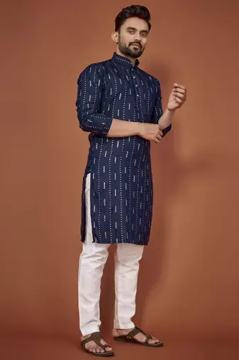 Navy blue embroidered cotton straight kurta