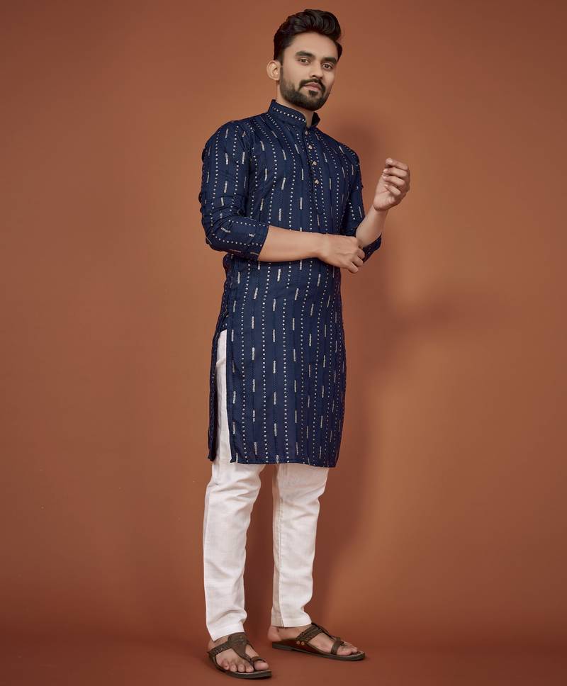 Navy blue embroidered cotton straight kurta