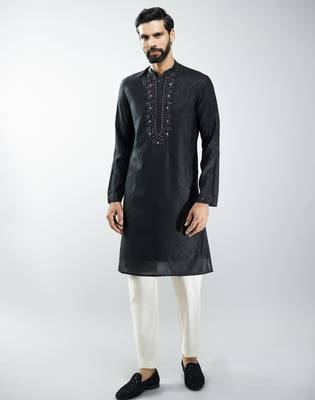 men silk blend embroidered kurta pyjama set with cream viscose pyjama  wedding & festive wear 3