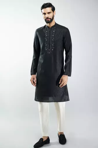 men silk blend embroidered kurta pyjama set with cream viscose pyjama  wedding & festive wear