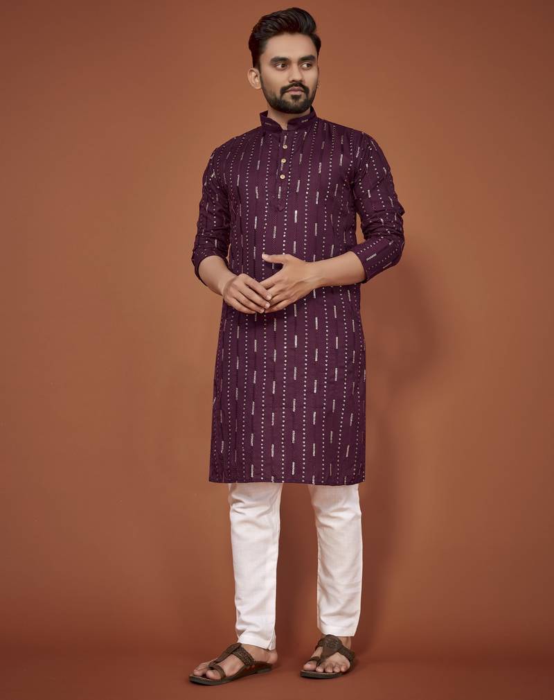 Purple embroidered cotton straight kurta
