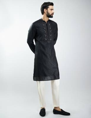 men silk blend embroidered kurta pyjama set with cream viscose pyjama  wedding & festive wear 4