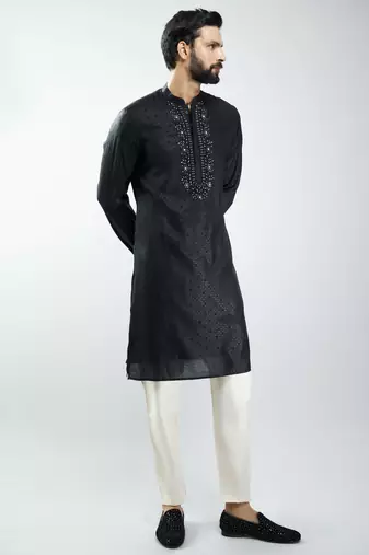 men silk blend embroidered kurta pyjama set with cream viscose pyjama  wedding & festive wear