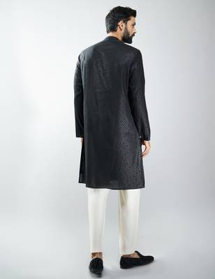 men silk blend embroidered kurta pyjama set with cream viscose pyjama  wedding & festive wear 5