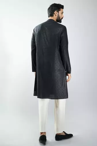 men silk blend embroidered kurta pyjama set with cream viscose pyjama  wedding & festive wear