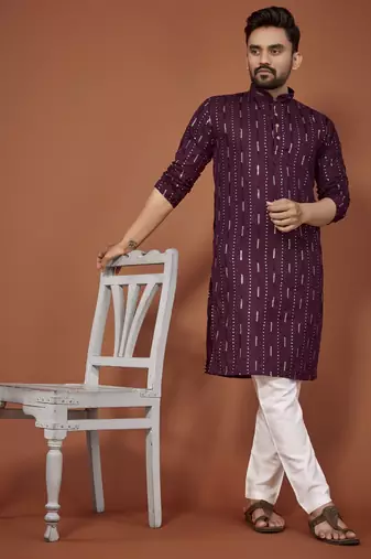 Purple embroidered cotton straight kurta