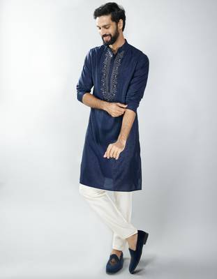 men silk blend embroidered kurta pyjama set with cream viscose pyjama  wedding & festive wear 1