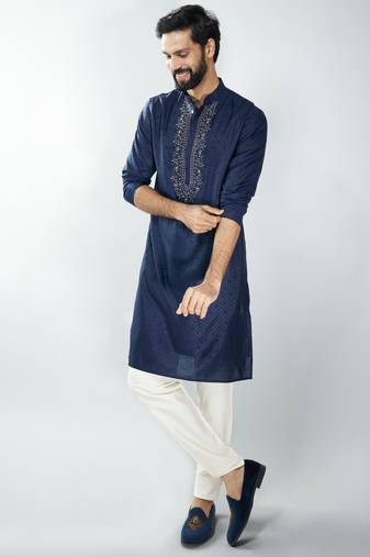 men silk blend embroidered kurta pyjama set with cream viscose pyjama  wedding & festive wear