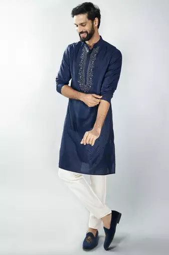 men silk blend embroidered kurta pyjama set with cream viscose pyjama  wedding & festive wear