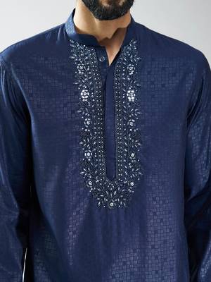 men silk blend embroidered kurta pyjama set with cream viscose pyjama  wedding & festive wear 2