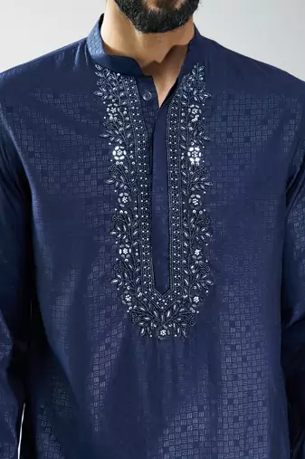 men silk blend embroidered kurta pyjama set with cream viscose pyjama  wedding & festive wear