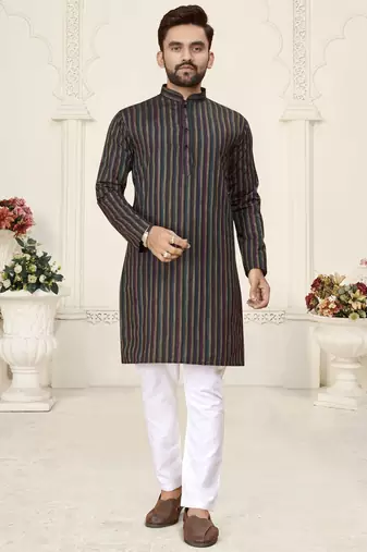 Black jacquard linen cotton straight kurta