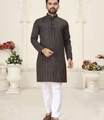 Black jacquard linen cotton straight kurta