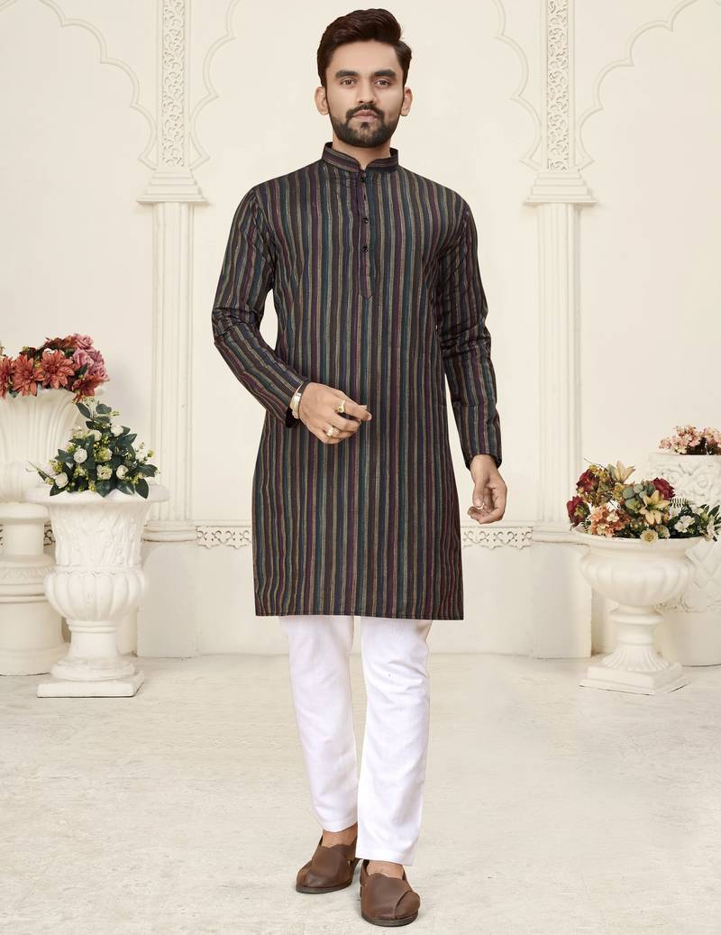 Black jacquard linen cotton straight kurta