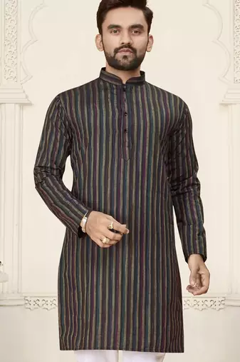 Black jacquard linen cotton straight kurta