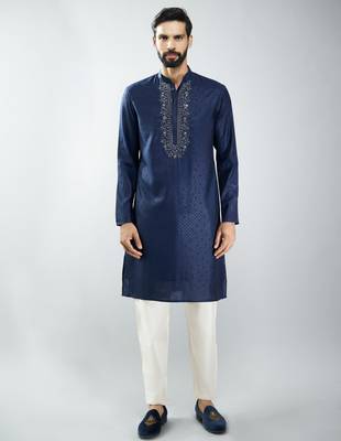 men silk blend embroidered kurta pyjama set with cream viscose pyjama  wedding & festive wear 3