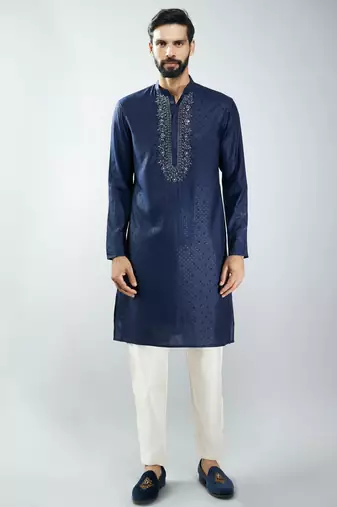 men silk blend embroidered kurta pyjama set with cream viscose pyjama  wedding & festive wear