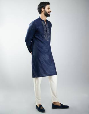 men silk blend embroidered kurta pyjama set with cream viscose pyjama  wedding & festive wear 4